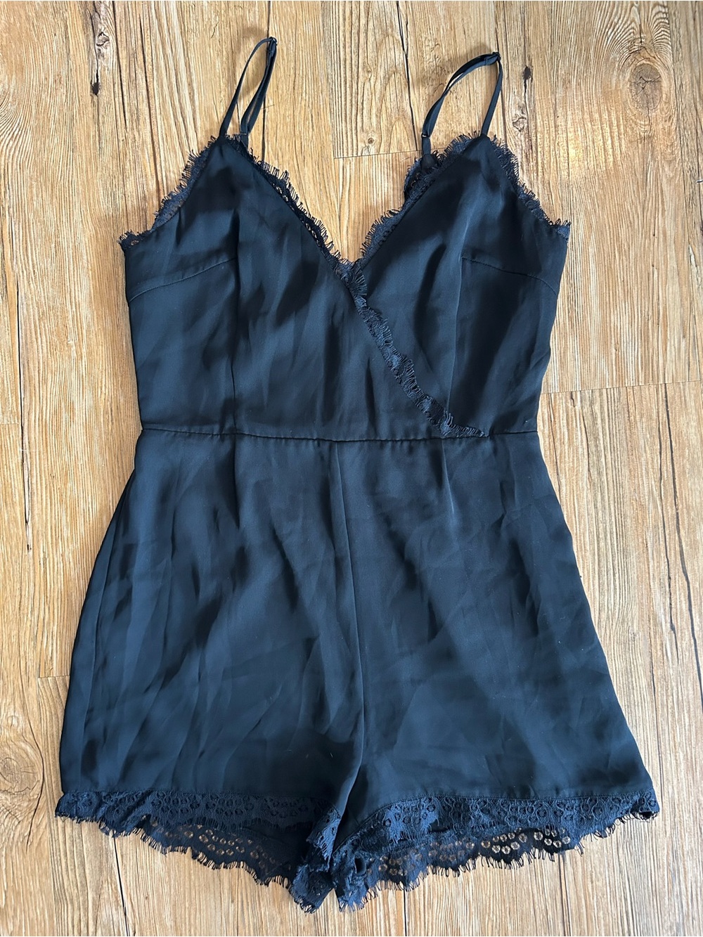 bebe Black Lace-Trim Satin Romper